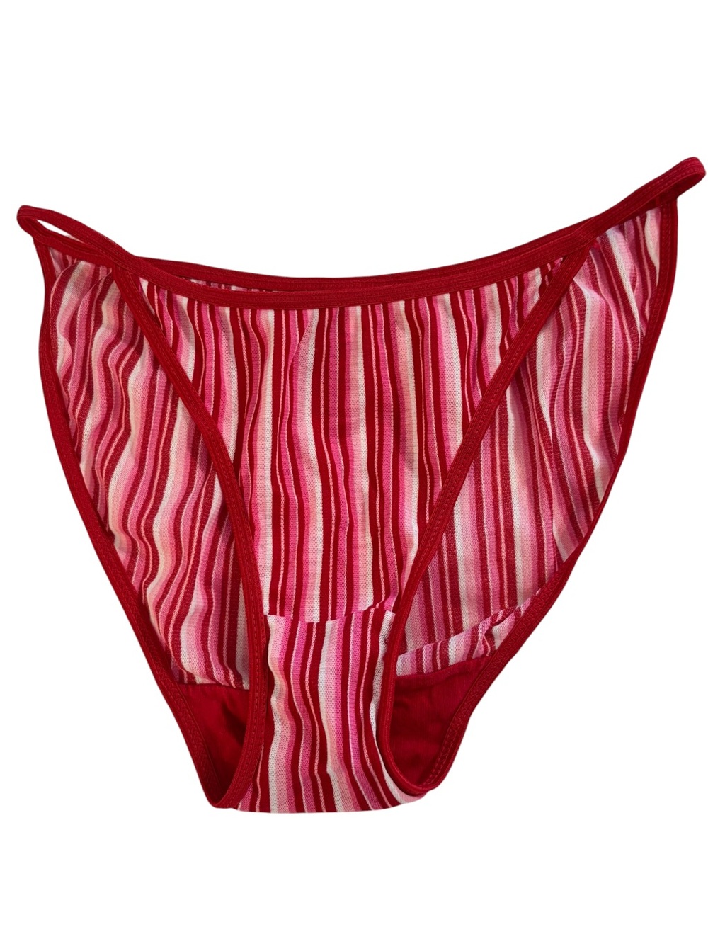 Vintage Y2K Sheer Striped High Cut Bikini Panty L/7 Red Pink